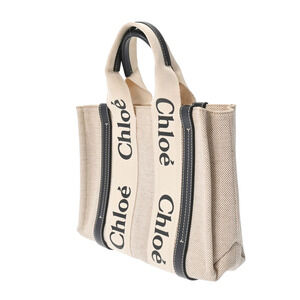 Chloe Bag Beige Canvas Blue Woody Tote Leather Navy Handbag